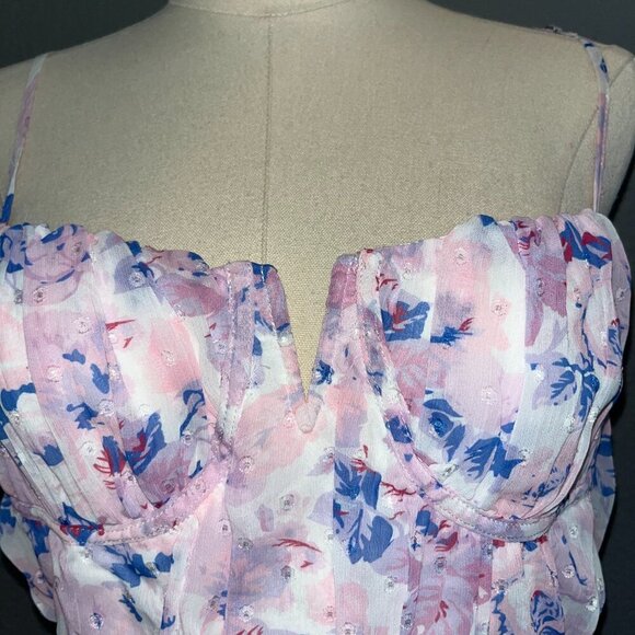 LULUS TOTAL DARLING PINK MULTI FLORAL PRINT NOTCHED BUSTIER MAXI DRESS - SIZE M - Picture 5 of 13